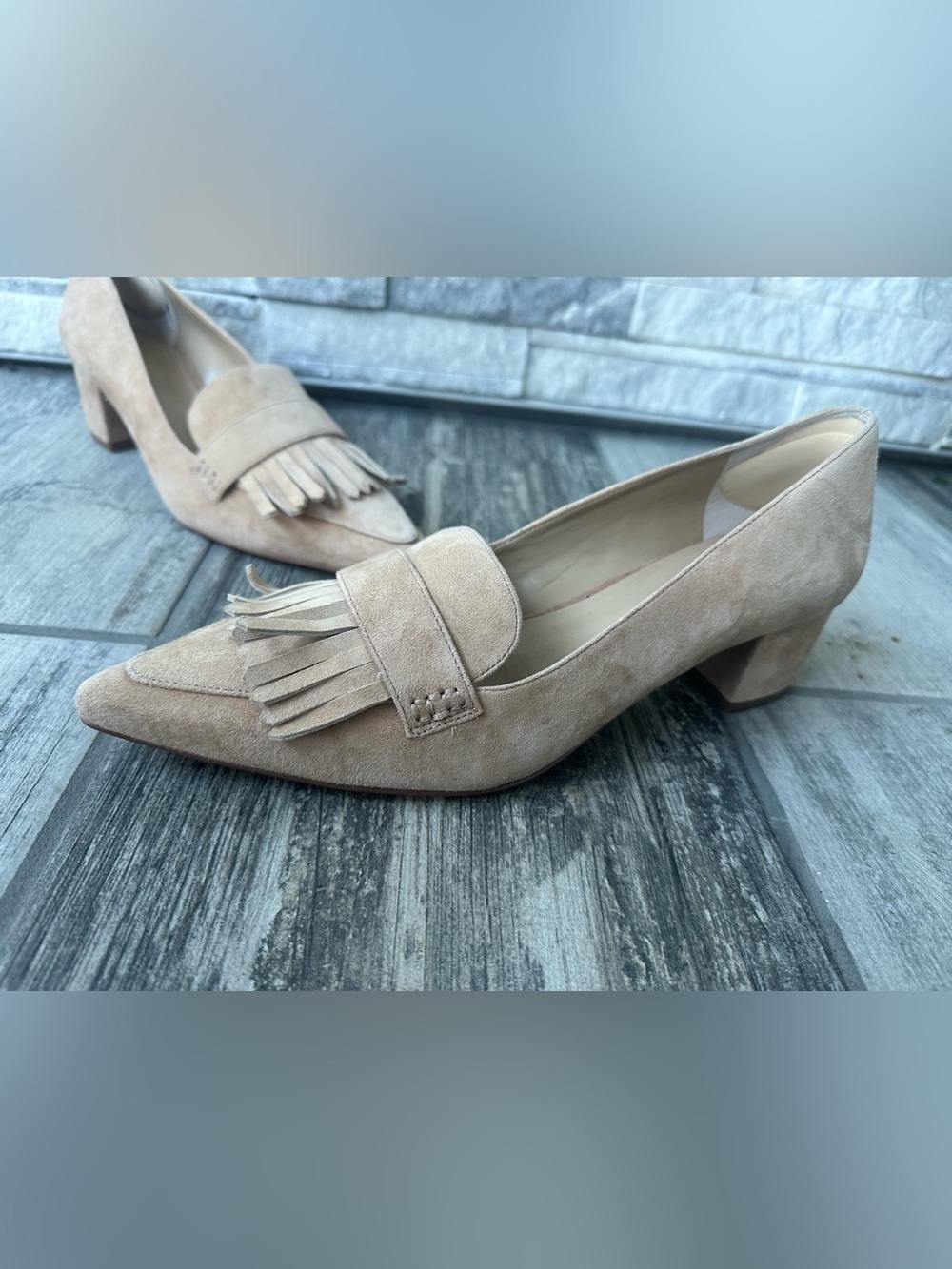 Ann Taylor Pointed  Suede  Neutral Fringe Block Heel Loefer  Pumps Size 8.5